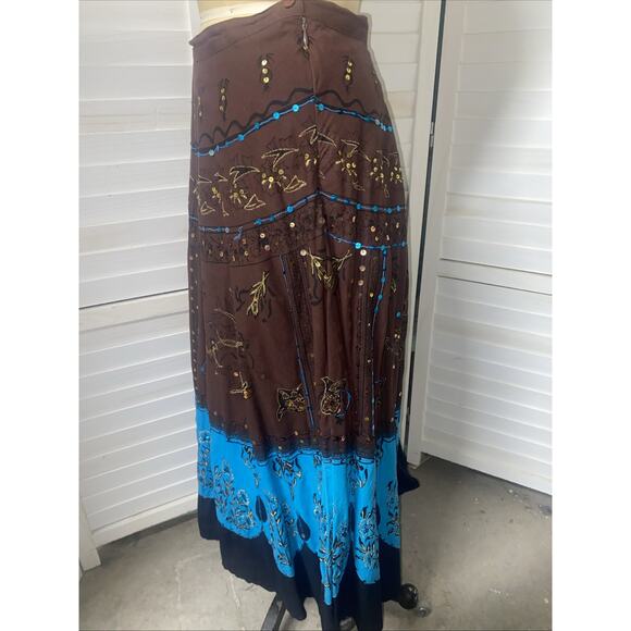 Ishyu Women's Brown Blue Gold Sequin Embroidered Midi Skirt Boho Festival 28” - Picture 7 of 10